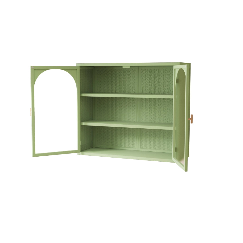 Pensile moderno a 2 ante in vetro e metallo verde con ripiano interno estraibile e 3 livelli di stoccaggio, 79,5 x 39 x 24 cm