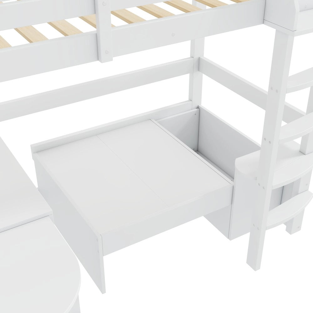 Letto a Soppalco per Bambini con Tavolo Estraibile, Divano, Contenitore e Cuscini ¨C MINIMAL ¨C Bianco 90x200