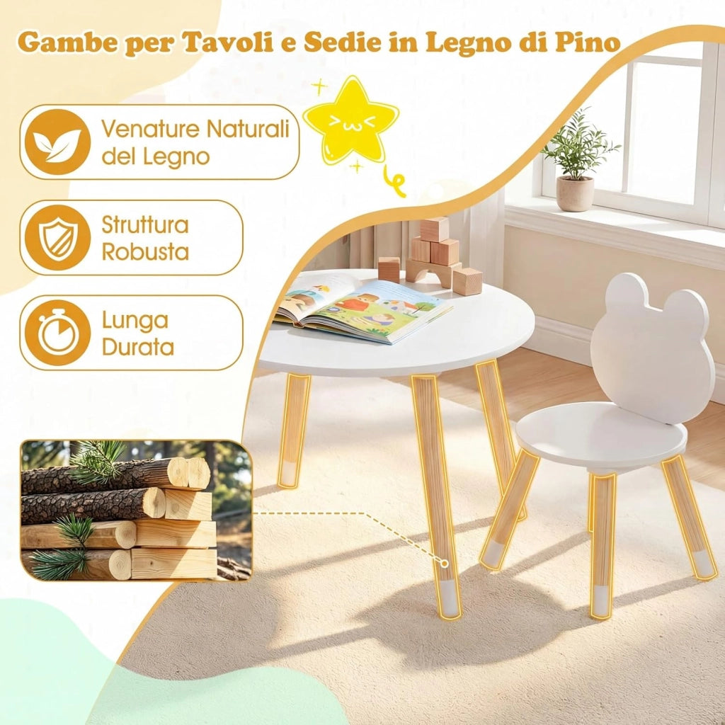 Set Tavolo e Sedie per Bambini, Tavolino e 2 Sedie a Forma di Rana con Gambe in Legno e Angoli Arrotondati, Set Mobili Salvaspazio per Bambini 3+ Anni per Cameretta Ragazzi (Bianco)