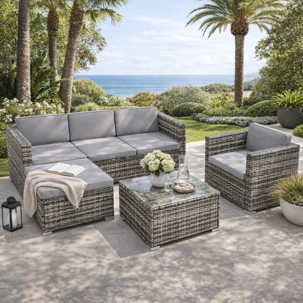 Set Salotto Da Esterno In Polyrattan Modulare Con Cuscini E Tavolino Struttura Personalizzabile Per 4/5 Persone Ideale Per Terrazza Patio Outdoor Grigio