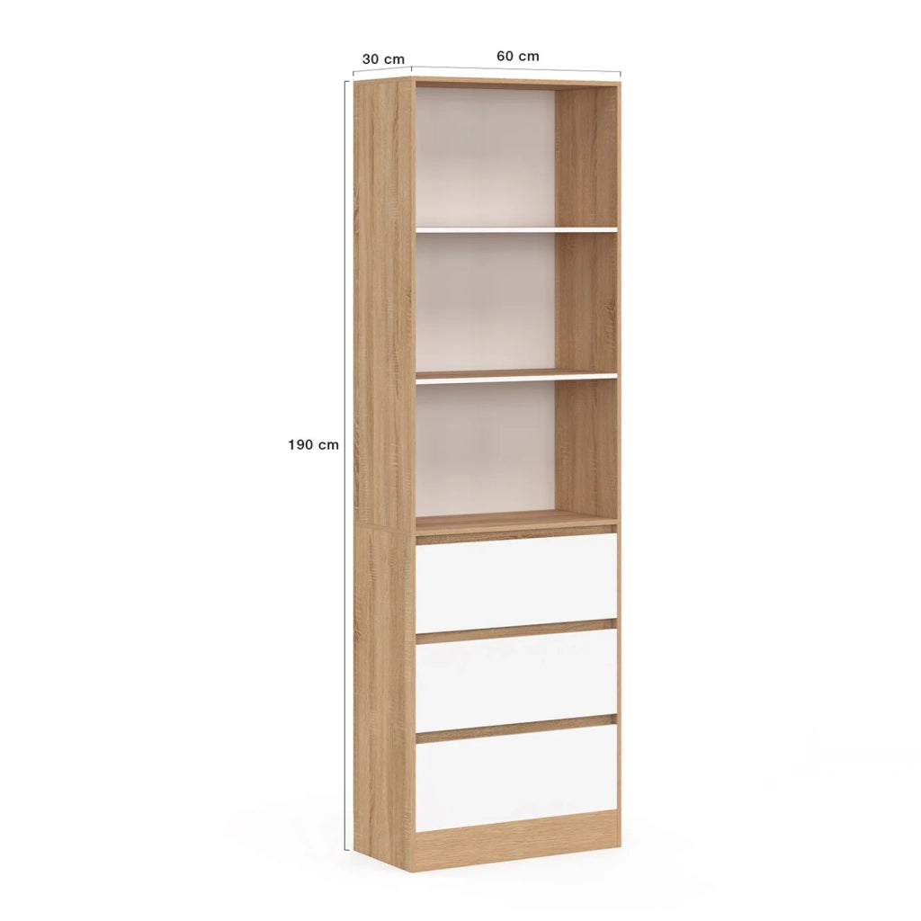 IDMarket - CARLA Libreria a 3 livelli con 3 cassetti bianchi ed effetto legno H.190 cm