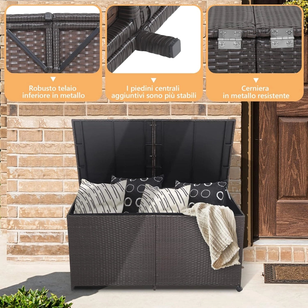 Baule da Giardino 662L, Panca Contenitore in Plastica con Coperchio, Maniglia e 2 Ruote Universali, in Rattan, per Interni e Esterni, 150 x 77 x 73 cm (Modello 3)