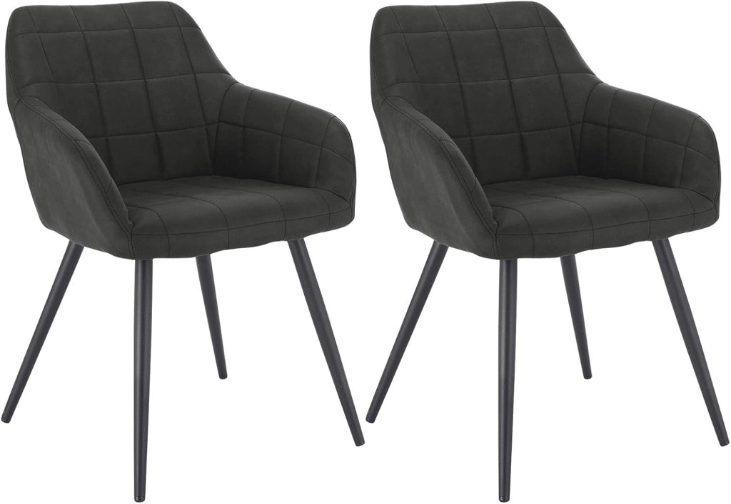 Set di 2 Sedie per Sala da Pranzo Imbottita, Poltroncina in Stoffa Lino,Sedia da Cucina con Braccioli e Schienale, Gambe in Metallo, moderne,Antracite, BH224an-2