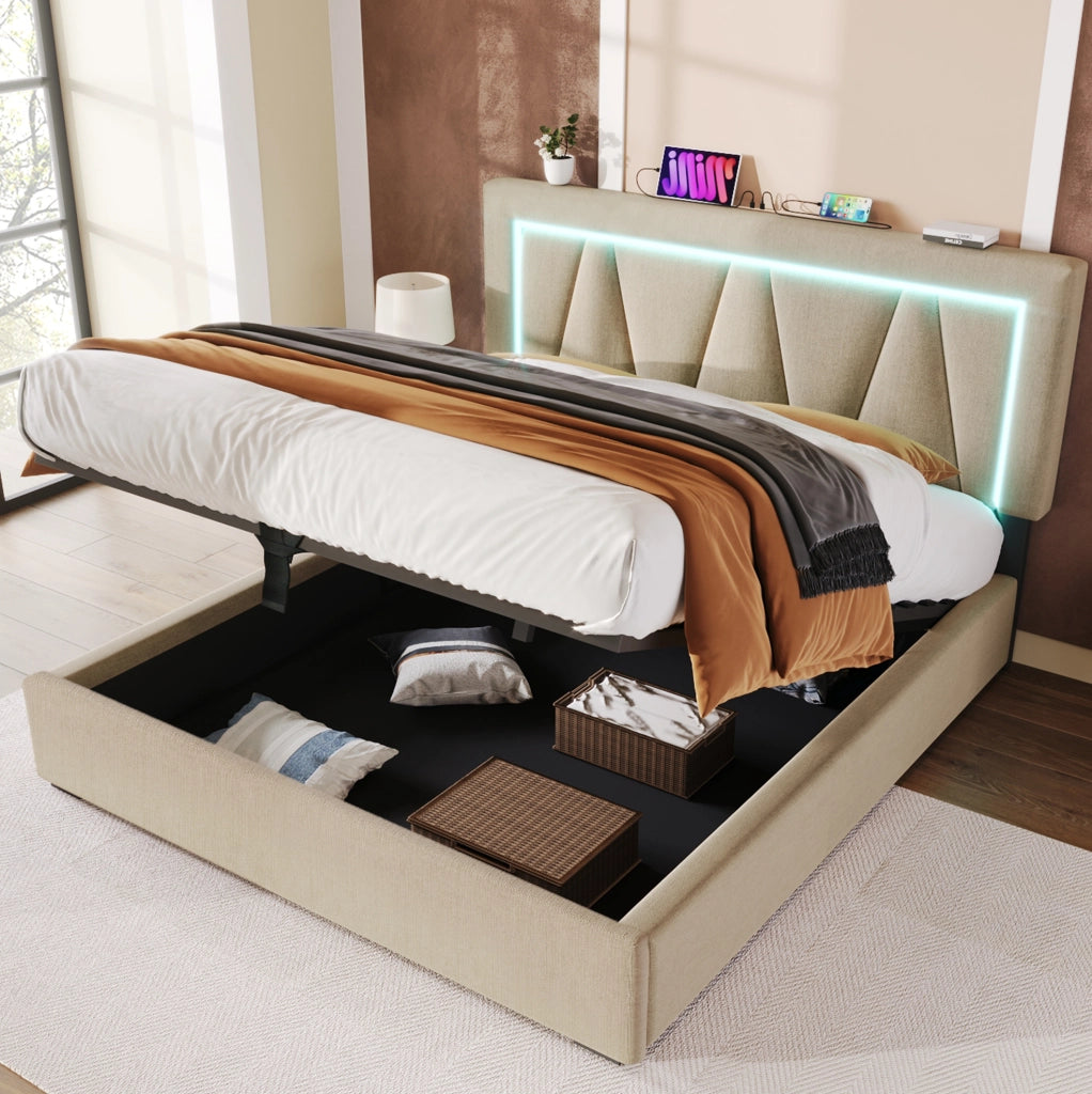 Letto contenitore ULEVR 140x200 cm con LED, USB e Type-C, testiera regolabile in lino beige