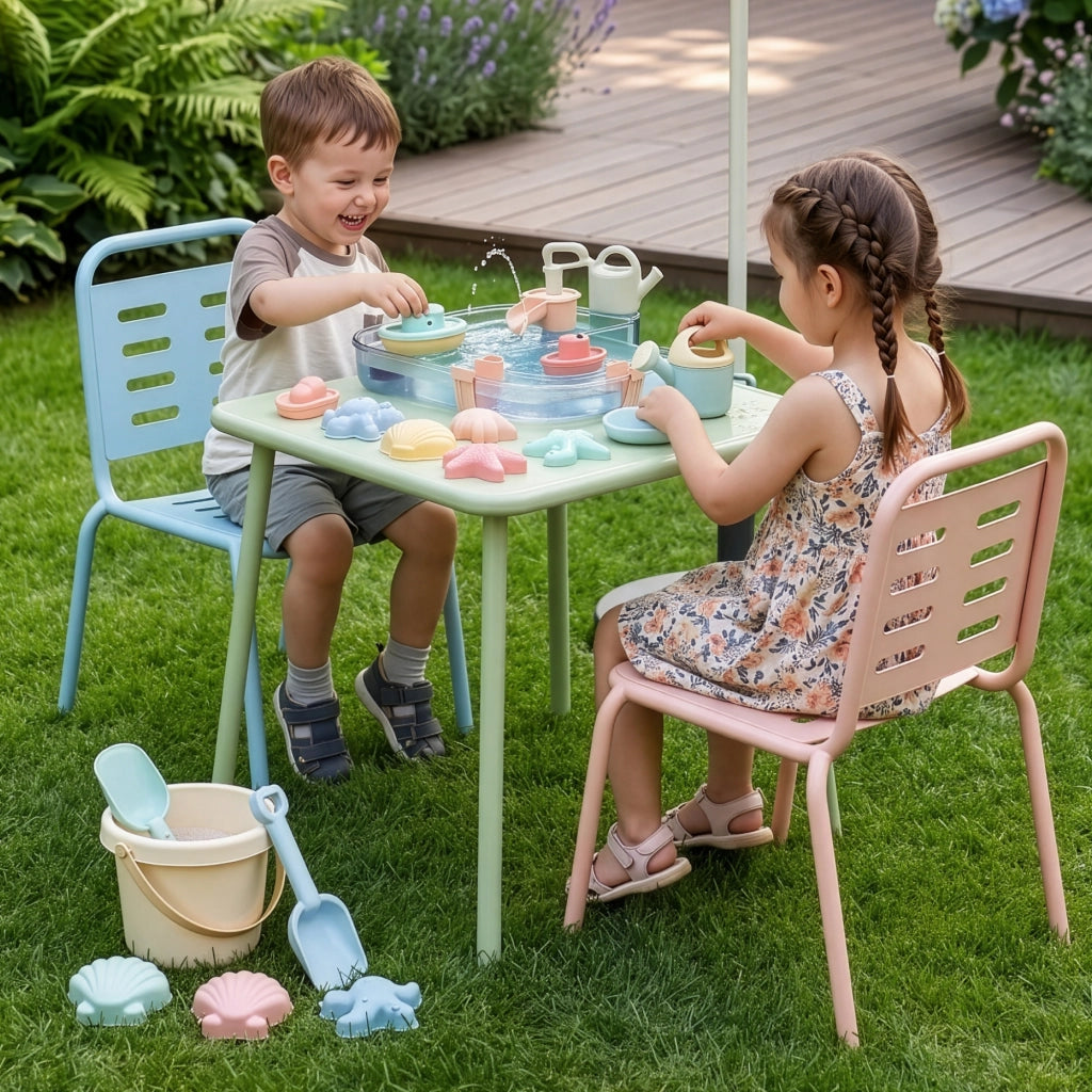 Set di 3 Mobili Etroubles per Bambini Tavolino e 2 Sedie per Esterno e Interno - Verde Salvia/Celeste/Pesca casa.pro