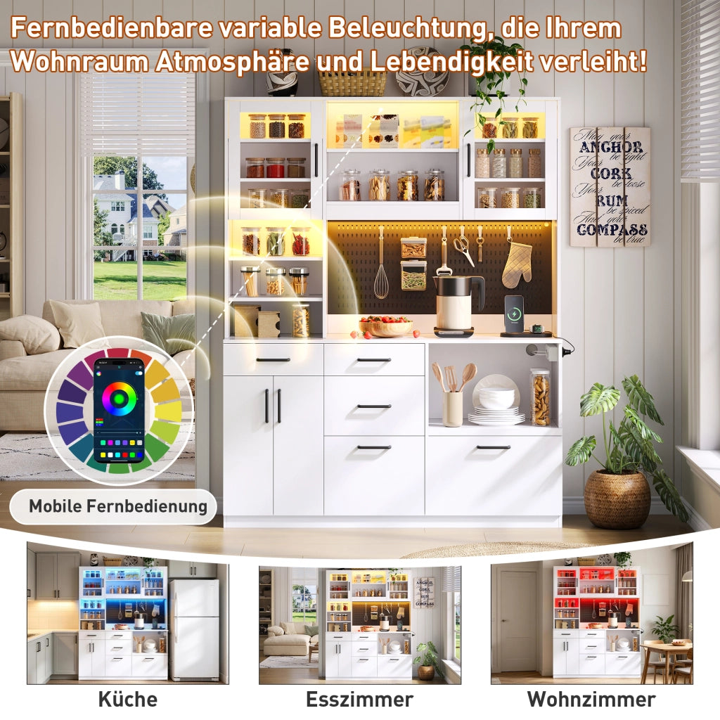 Credenza da cucina con LED RGB, prese e 5 cassetti, ripiani regolabili, per cucina, bianco, 185 × 145 × 40 cm