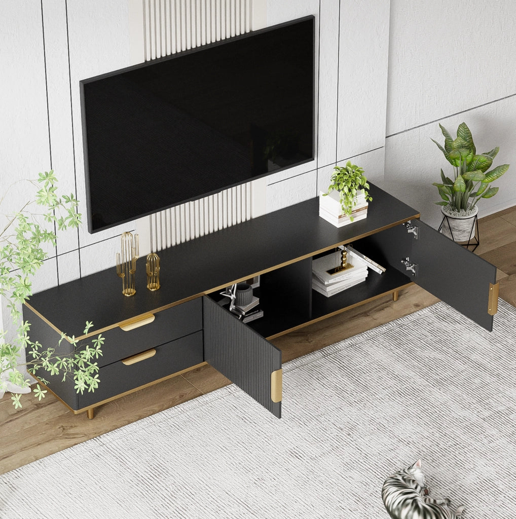 Mobile porta TV con 2 cassetti e ante; MDF e truciolare; 170 cm; nero e oro