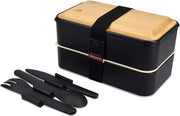 Lunchbox a doppio contenitore - Doppia ciotola per pane con posate - Per la colazione e i spuntini a scuola e sul lavoro - Nero - Bentobox con parole chiave