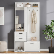 Mobile da ingresso con specchio a figura intera, 2 cassetti, scarpiera ribaltabile e 3 ganci, in MDF, bianco 90 × 30 × 180 cm