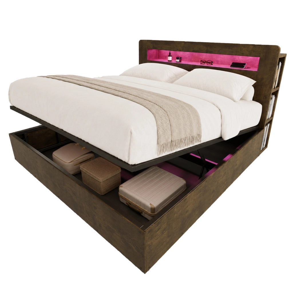 Letto contenitore 180x200 in legno con LED, prese integrate e testiera con vani