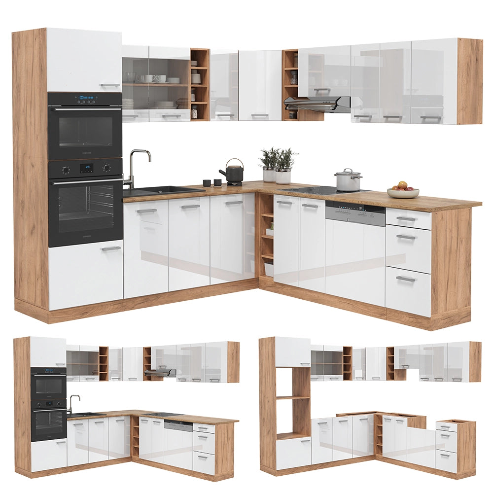Cucina angolare completa R-Line Bianco lucido/Rovere dorato 247 x 237 cm, PL Antracite Vicco