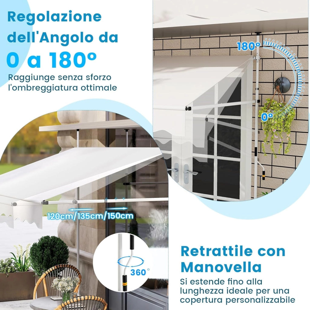 Tenda da Sole a Morsetto, Tenda per Balcone Senza Foratura Altezza e Inclinazione Regolabili con Manovella, Telo Impermeabile e Resistente ai Raggi Solari e Telaio Antiruggine (2,5M,Bianco)