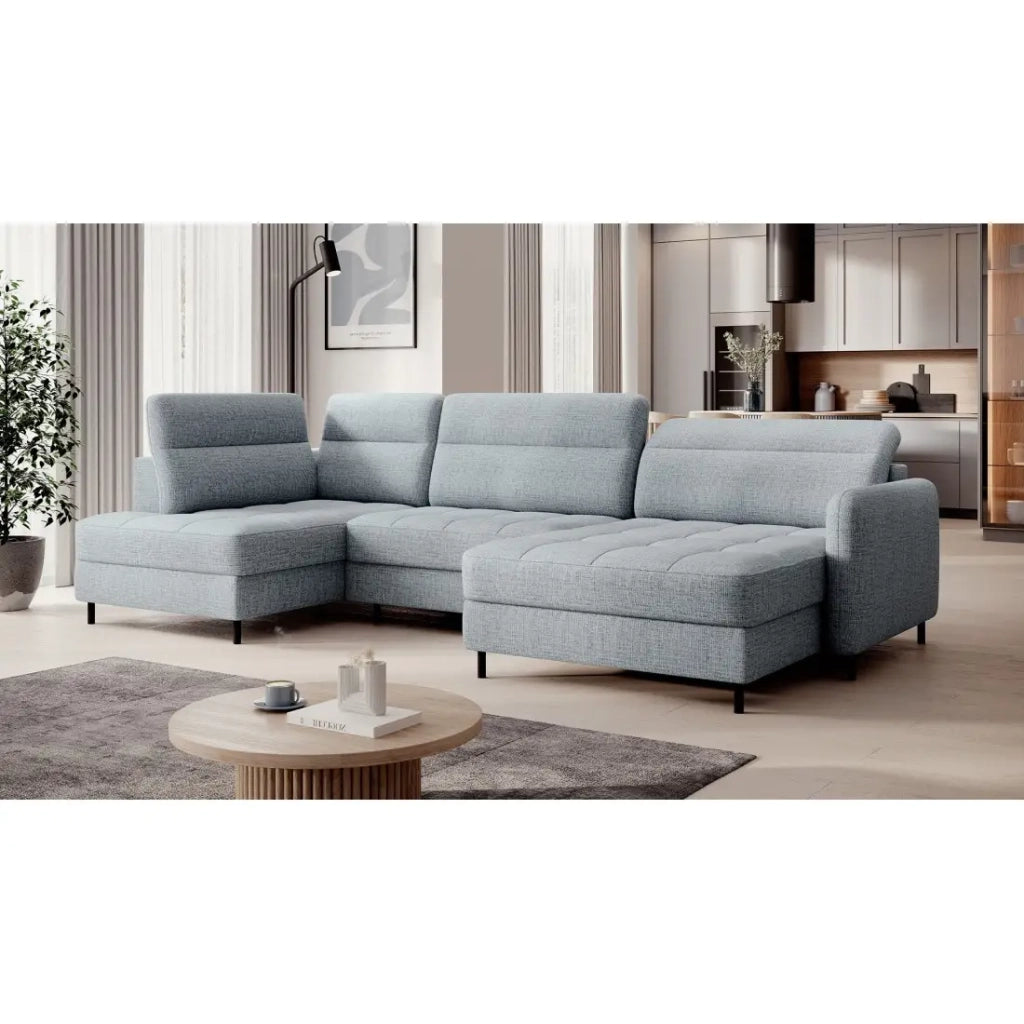 Divano angolare trasformabile BERTHO 306 cm blu grigio effetto melange – Angolo destro con contenitore
