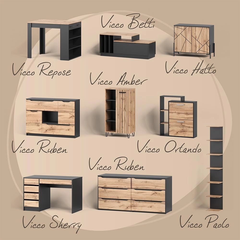 Comodino Lunor, Rovere rustico/nero, Set di 2