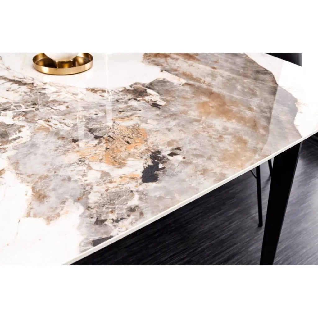 Tavolo da pranzo HEXA – Ceramica effetto pietra e metallo nero – 180 cm – Stile contemporaneo