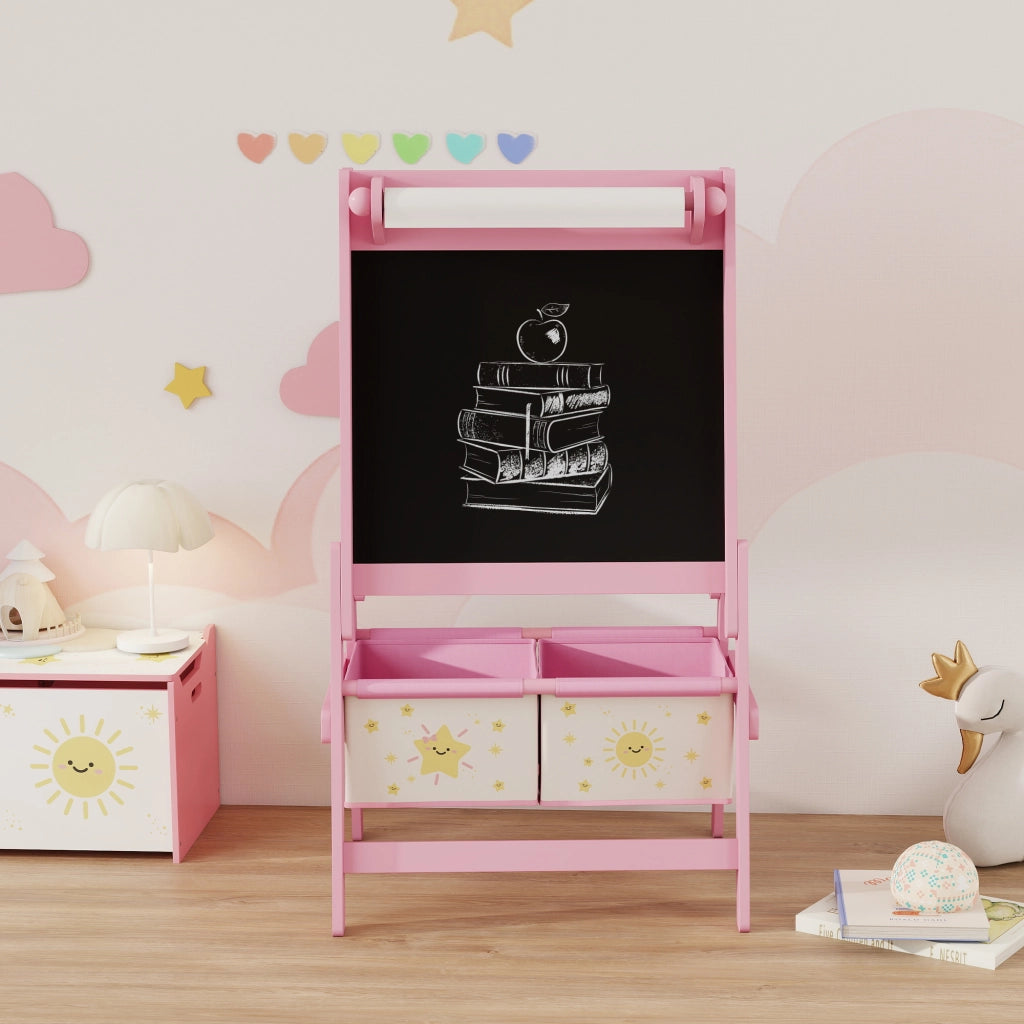 Tavolo da disegno bambini con lavagna gessetti, lavagna bianca, rotolo carta e contenitori ¨C zephmum ¨C rosa