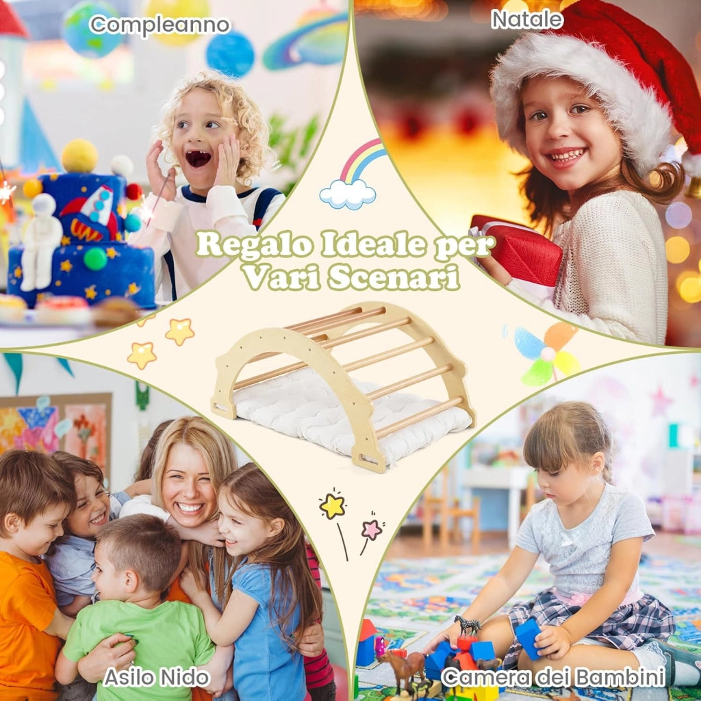 Arco da Arrampicata per Bambini, 2 in 1 Altalena ad Arco in Legno con Cuscino Morbido, Doppia Faccia, Ideale per Bambini 1+ Anni (Naturale)