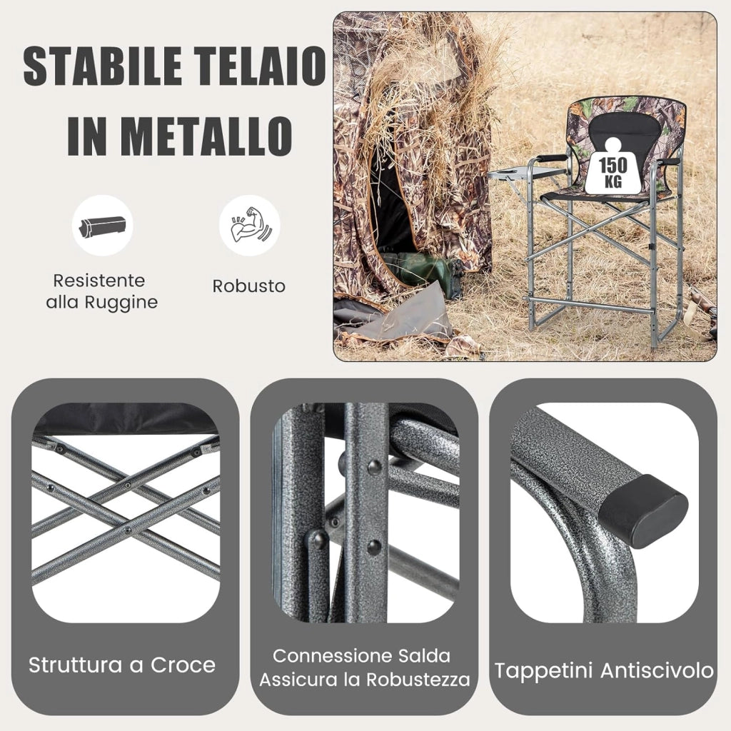 Set da Caccia Pieghevole per Esterno, Sedili da Caccia con Braccioli e Schienale, con Poggiapiedi Rimovibile, Tavolino Laterale, Supporto Fino a 150 kg