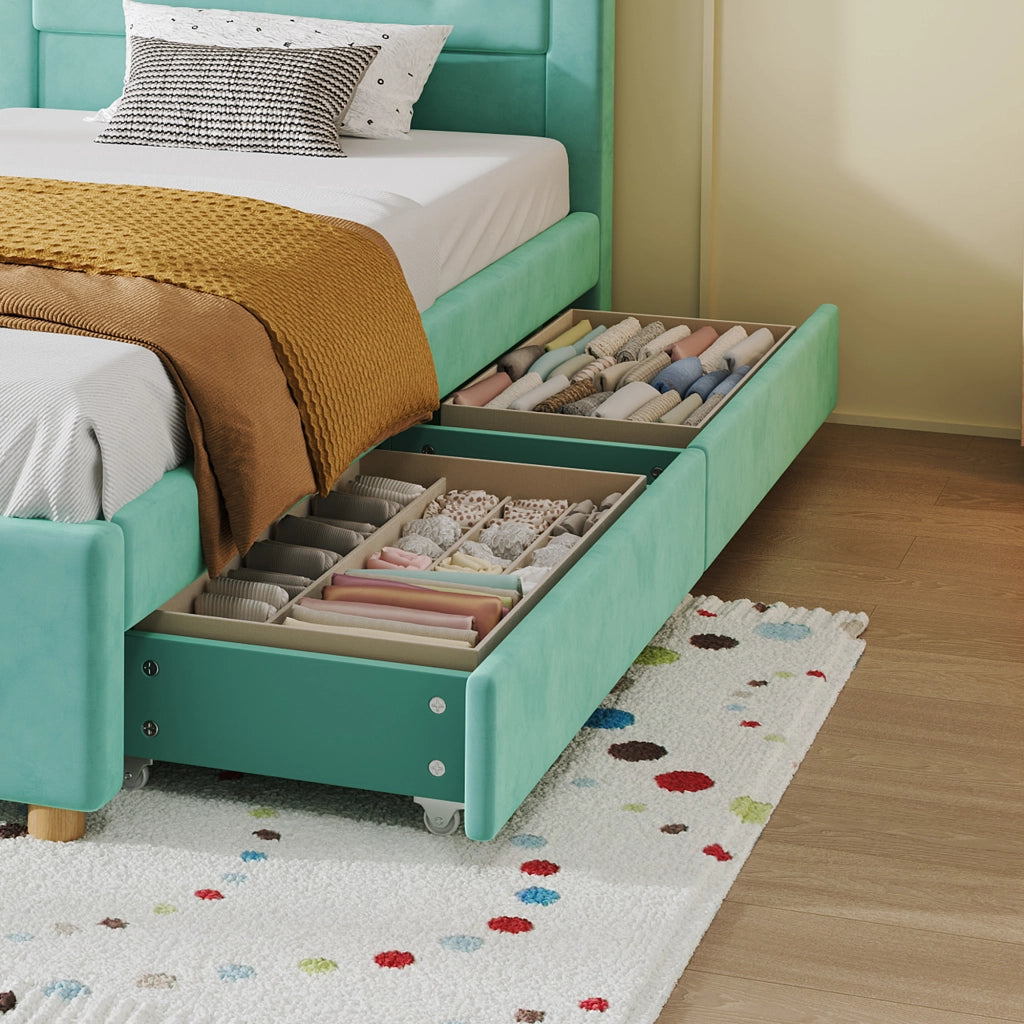 Letto a casetta 90 × 200 cm con 4 cassetti imbottito in velluto francese blu verde con testiera decorata