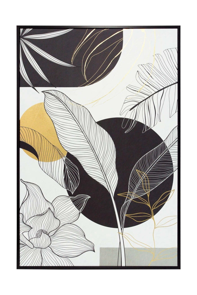 Quadro Hispanohogar in poliestere foglie nero bianco e dorato 92x62