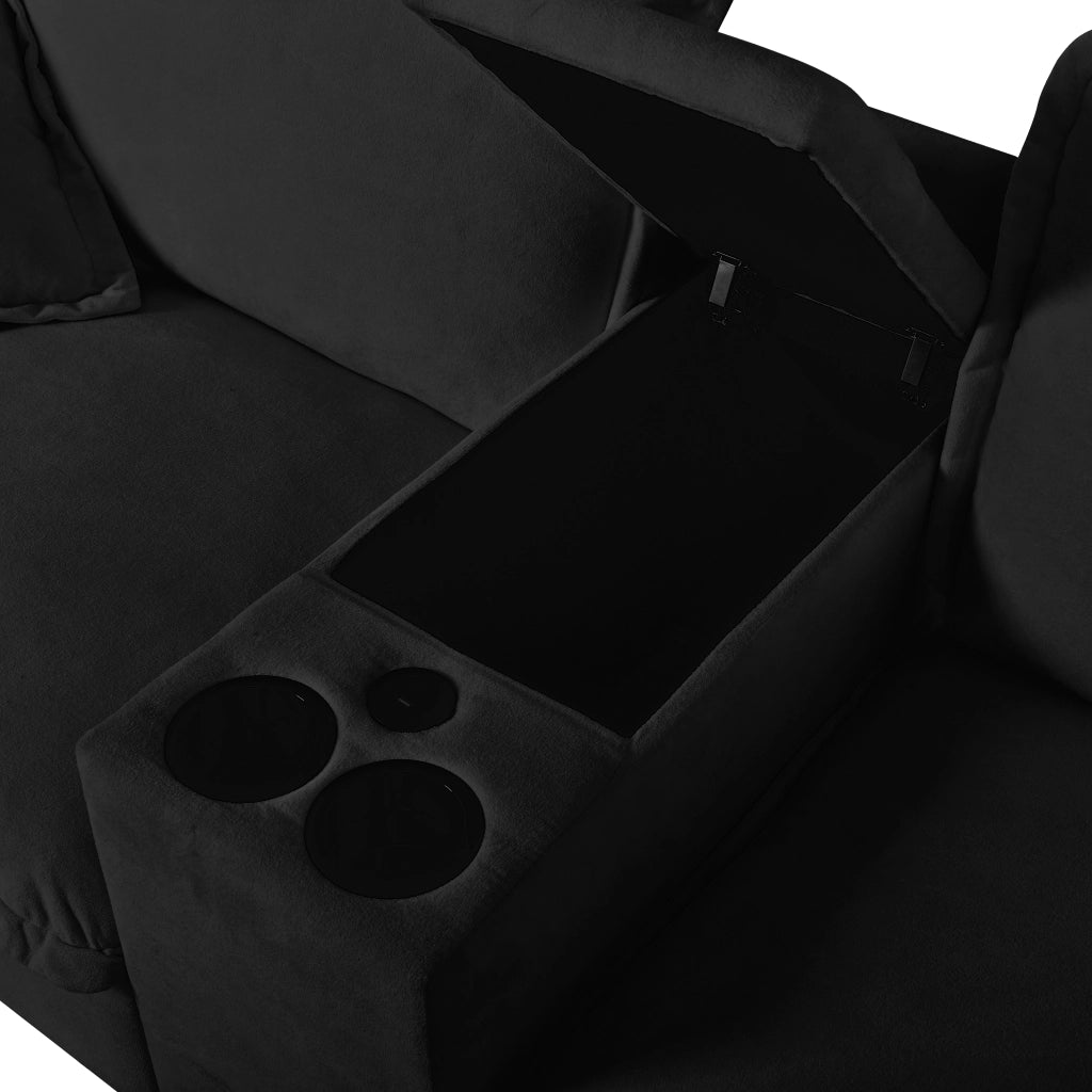 Scaffale modulare con braccioli rimovibili, porta bicchieri, vani portaoggetti e porte USB, in chenille nero 224 × 82 × 90 cm