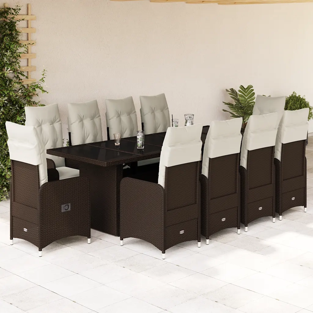 vidaXL Set Bistrò da Giardino 11 pz con Cuscini in Polyrattan Marrone