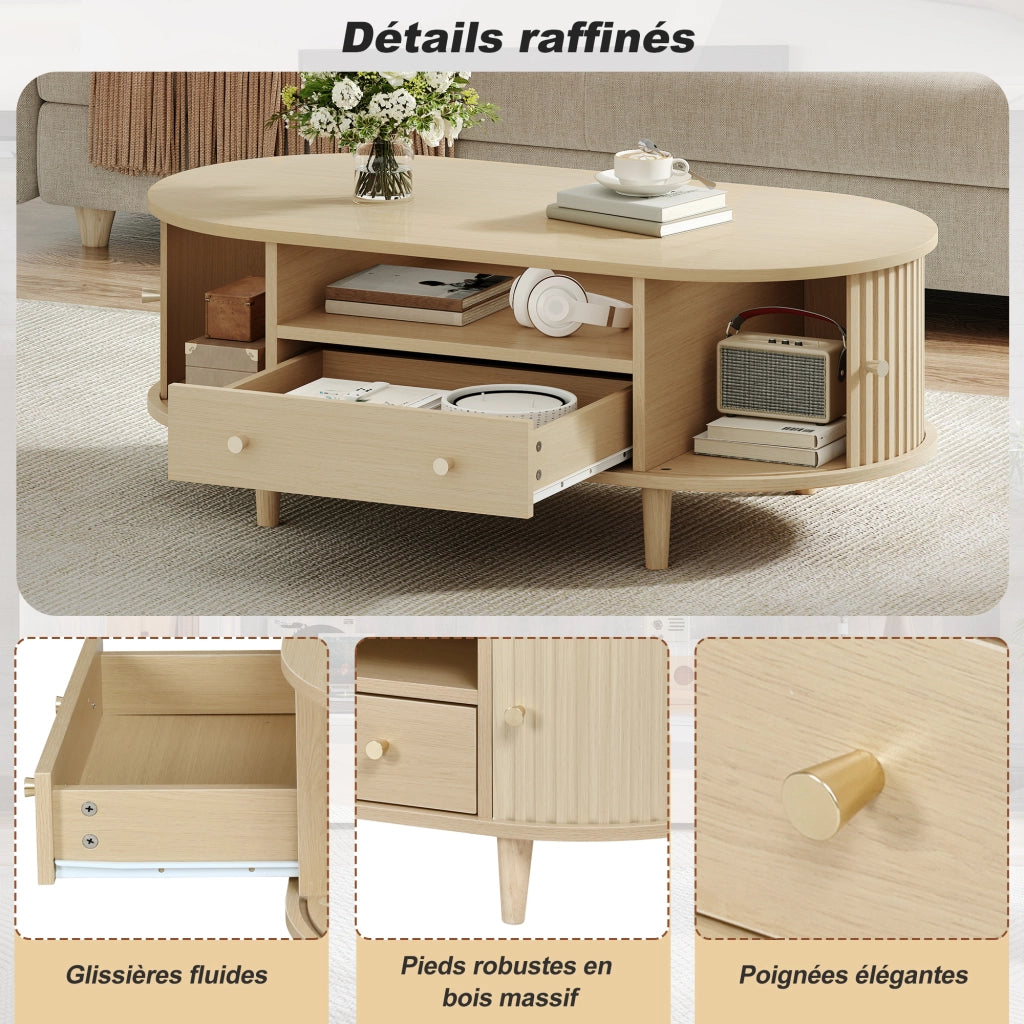 Tavolino basso ovale con 1 cassetto, vani aperti e anta scorrevole, per soggiorno, in MDF, rovere, 100 × 50 × 36 cm