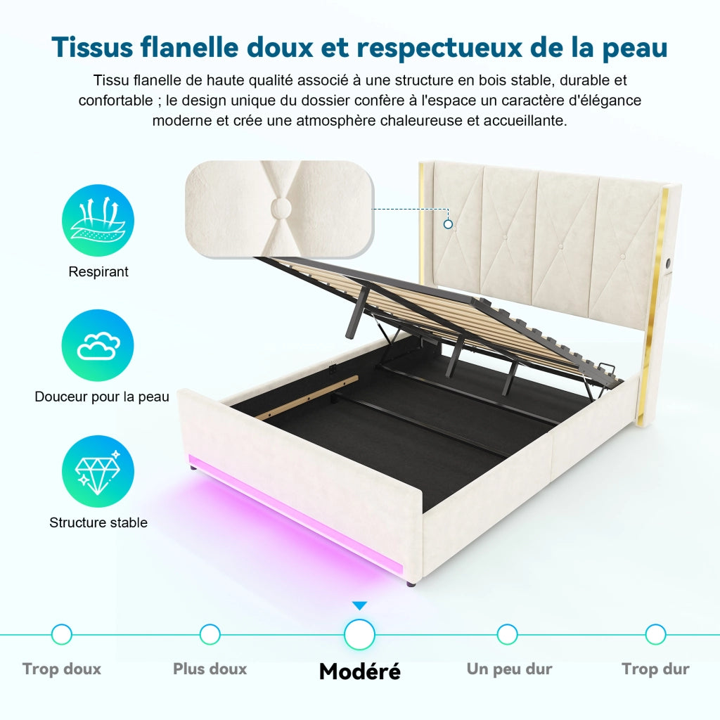 Letto Contenitore Matrimoniale 160x200 cm; USB; Type-C e LED; in Velluto Beige