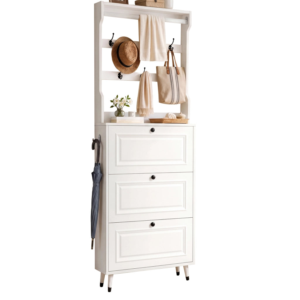 Mobile da ingresso con 3 ante a ribalta; 6 ganci e asta; per scarpe e abiti; bianco; 66 Ã— 17 Ã— 180 cm
