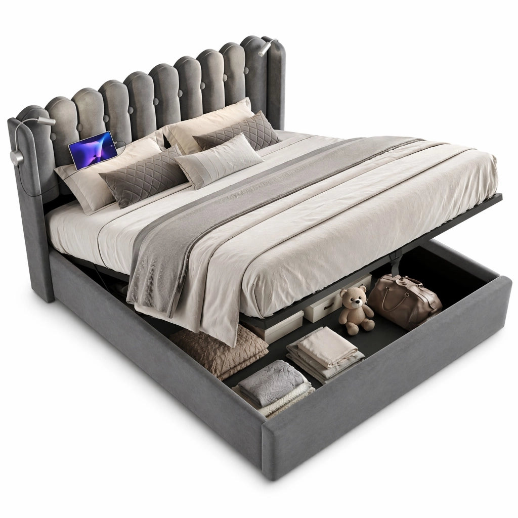 Letto matrimoniale imbottito 140x200 cm in velluto grigio con luce da lettura e USB
