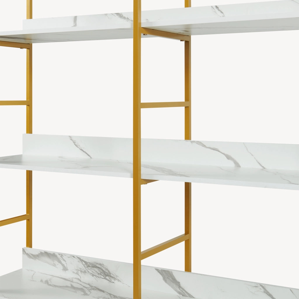 Libreria Noskik Scaffale da Terra con Ripiani 180 x 120 x 30 cm - Color Oro / Effetto Marmo Bianco [en.casa]