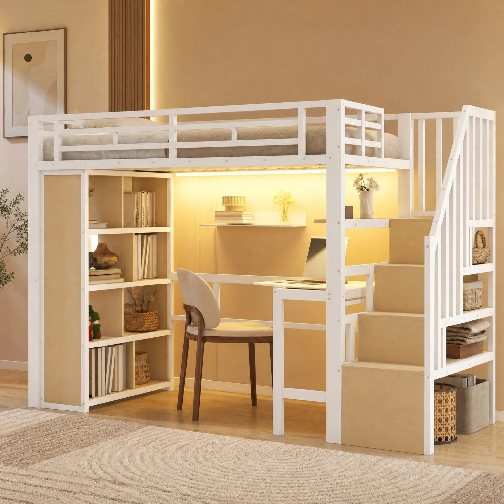DESMIU Letto a Soppalco 1 Posto con Scrivania, Ripiani, LED e Scala Contenitore 90 × 200 cm Senza Materasso