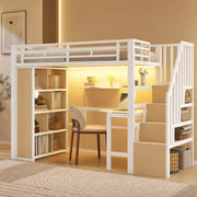 DESMIU Letto a Soppalco 1 Posto con Scrivania, Ripiani, LED e Scala Contenitore 90 × 200 cm Senza Materasso