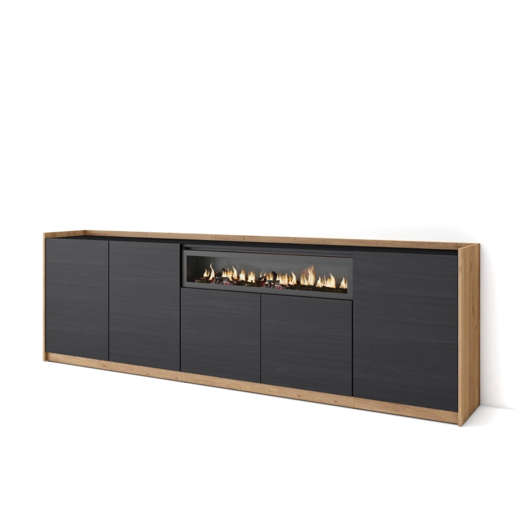 Credenza, Mobile, Cucina, 260x80x37 cm, 5 Porte, Camino elettrico, Nero e rovere