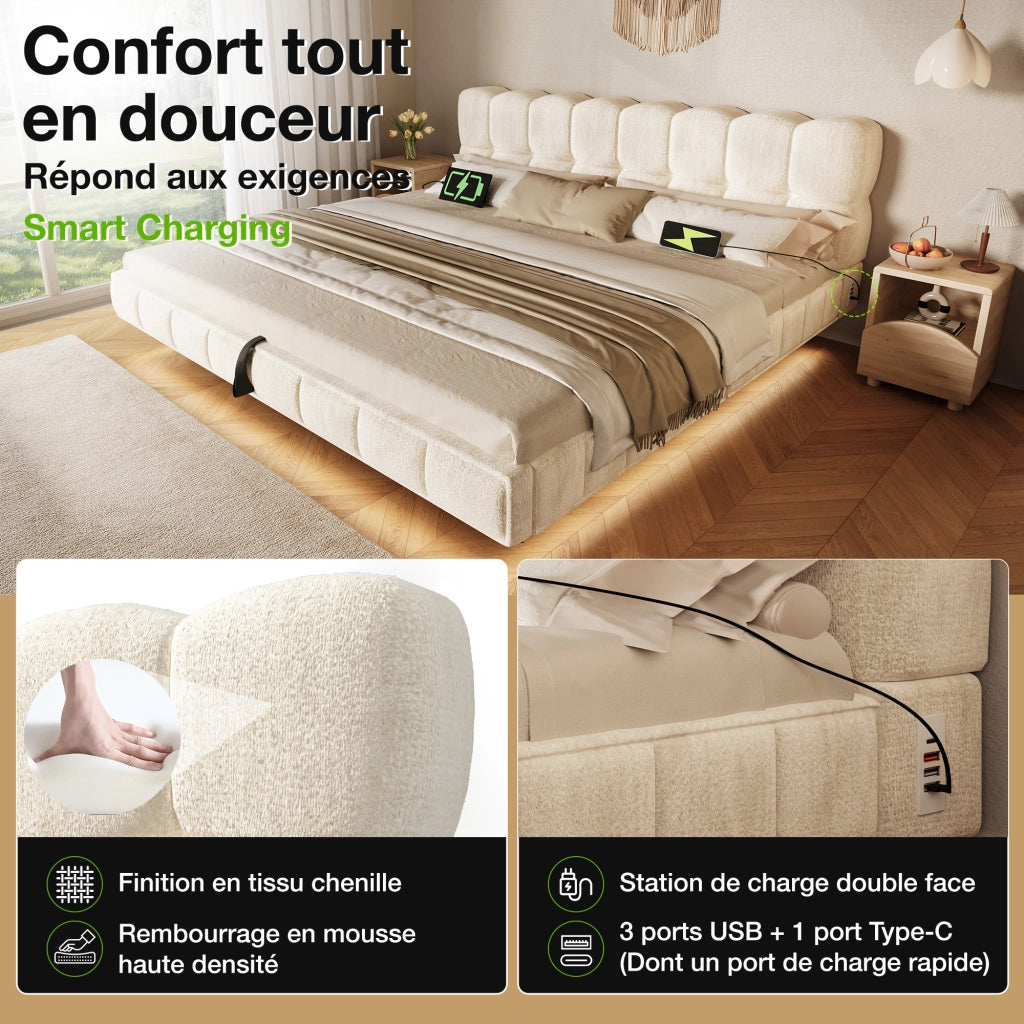 letto imbottito chenille beige 180x200 cm