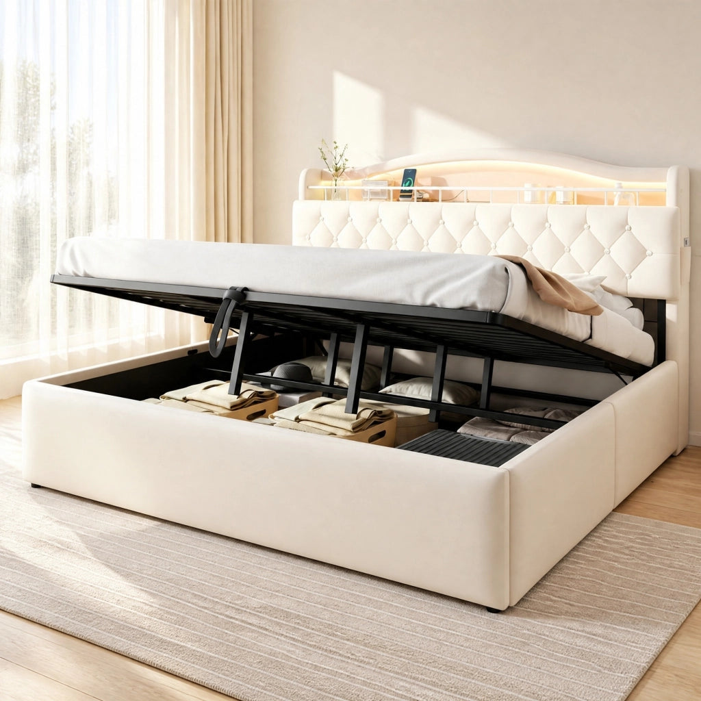 LETTO Contenitore 180x200 cm in tessuto beige con LED, USB e USB-C