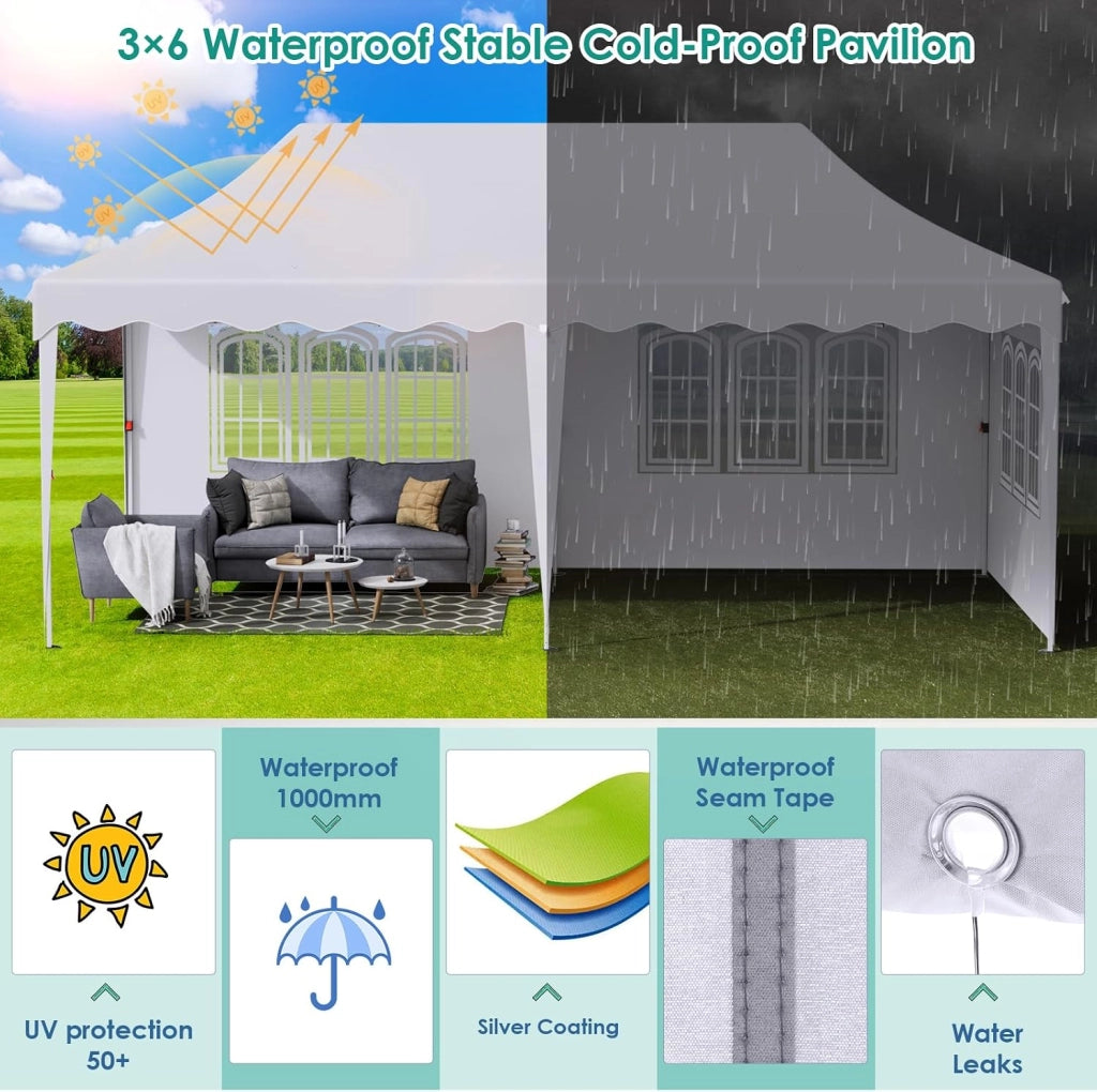 Gazebo 3x6 Pieghevole Impermeabile Con 6 Pareti Laterali - Tenda Protezione UV 50+ - 12 Chiodi Rettificati e 6 Corde - Per Esterno, Giardino, Campeggio, Matrimoni - Bianco