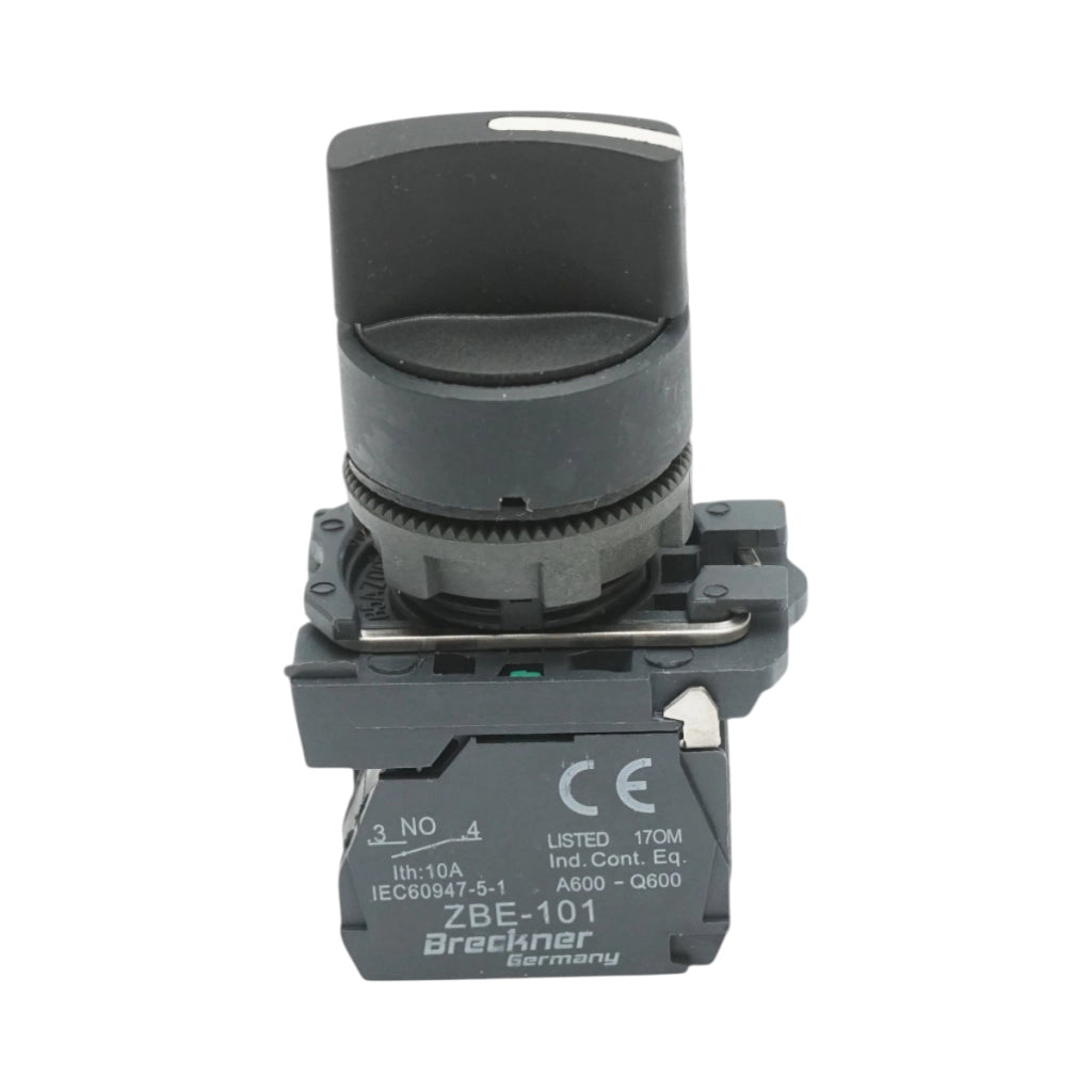 Selettore a 2 posizioni con ritorno, nero, 1NO+1NC, 24V/10A, TB5 Breckner Germany