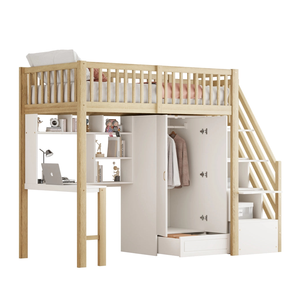 Letto a castello bianco e legno naturale con funzione contenitiva in legno massello 90x200 cm