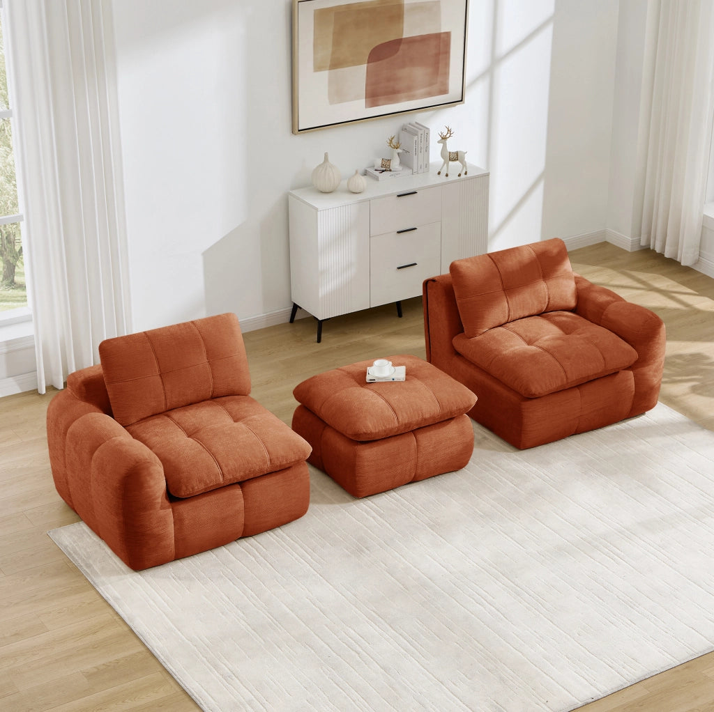 Divano modulare angolare 2 posti con pouf in chenille; senza struttura rigida; arancione