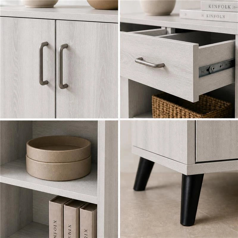 MOBILE IN MDF COLOR BIANCO LEGNO CON DUE ANTE, RIPIANO E CASSETTO MISURE: 120X38X74CM