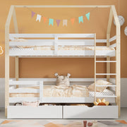 Letto a casetta per bambini matrimoniale 90x200 cm in legno massello bianco e rovere con cassetti