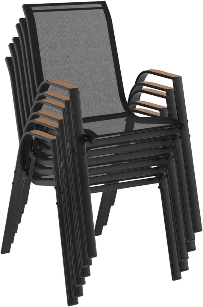 Set di 6 sedie da giardino impilabili NOUMEA in metallo e textilene, nero e legno