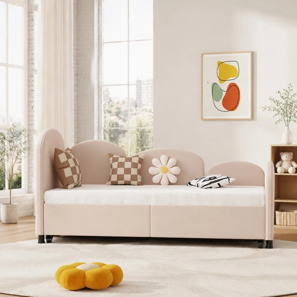 Letto per bambini a forma di fiore 90x200 cm in velluto rosa con cassetto