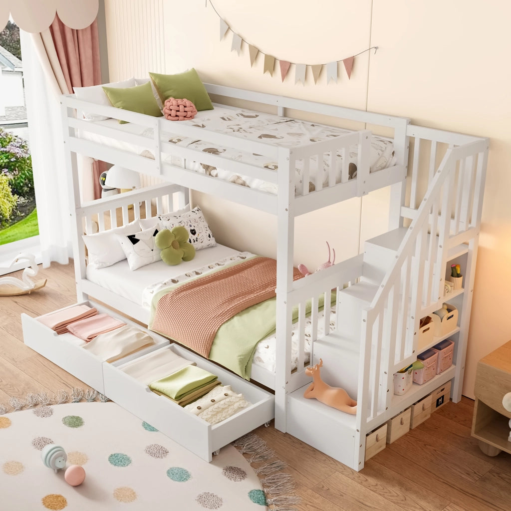 Letto a Castello 90x200 cm; 2 Posti; con 2 Cassetti; Scaffale scale e sponde alte - Bianco