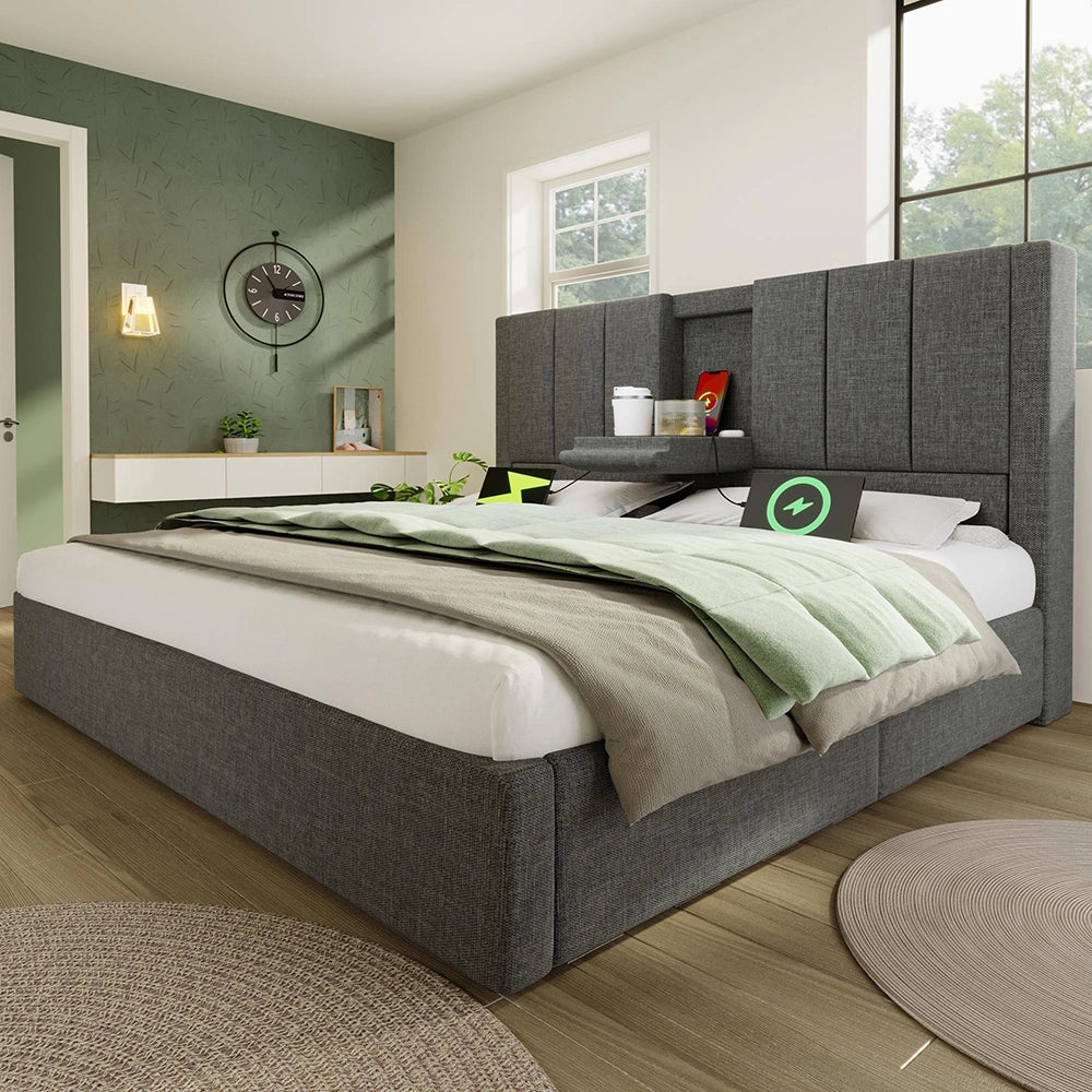 Letto imbottito-Xylo-160x200cm doppio porta-bicchiere USB idraulico lino grigio con materasso