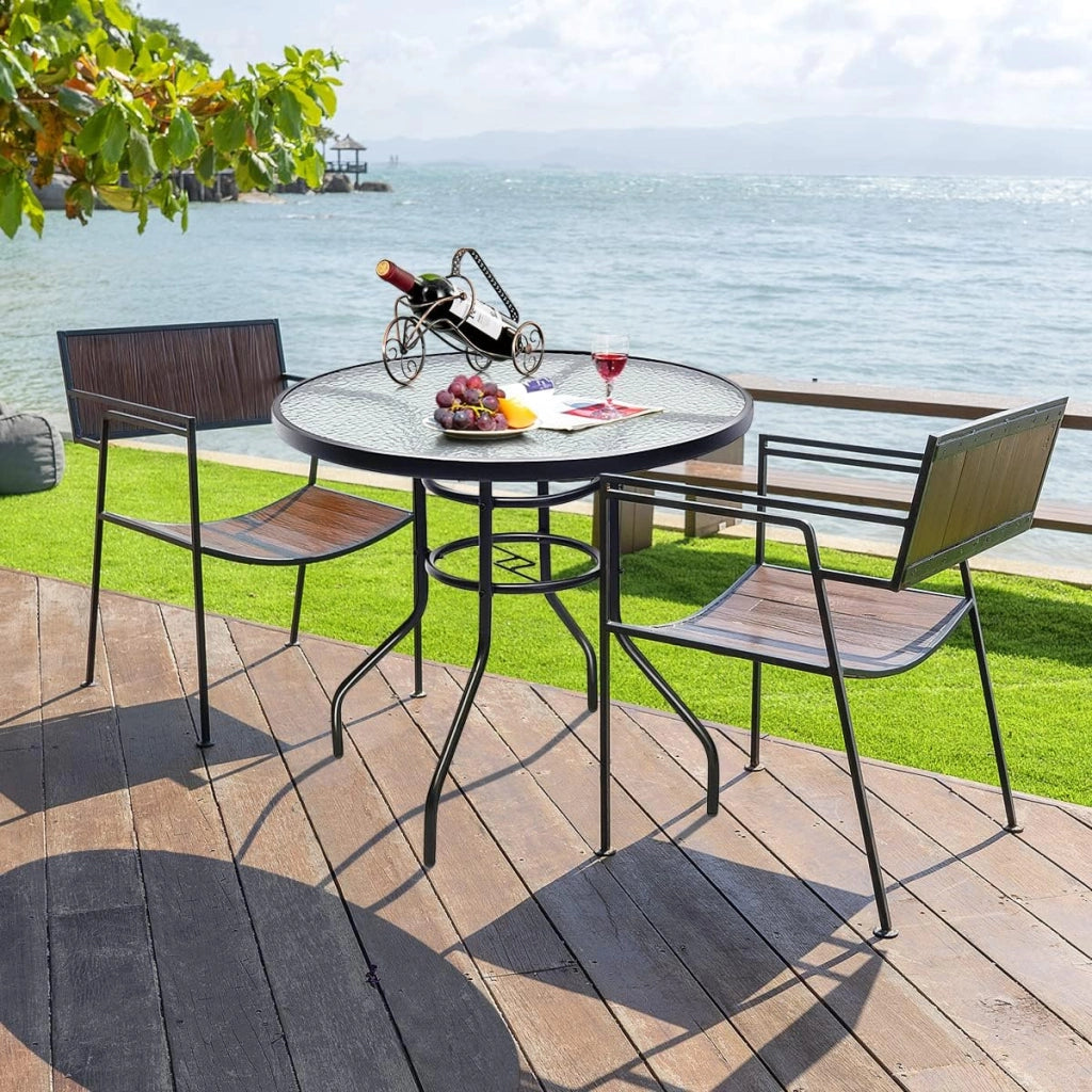 Tavolo da giardino rotondo φ80 cm, tavolo da bistrot in metallo e vetro, tavolo da balcone con foro per portaombrelli, tavolino da caffè in vetro, resistente alle intemperie, per interni ed