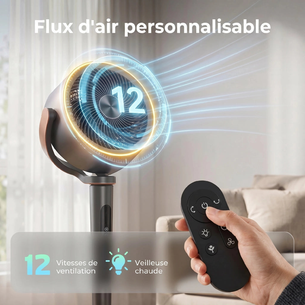 Ventilatore da pavimento silenzioso 20 dB ¨C zephmum ¨C oscillazione automatica 70¡ã+90¡ã, 12 velocit¨¤, luce LED, timer 12H