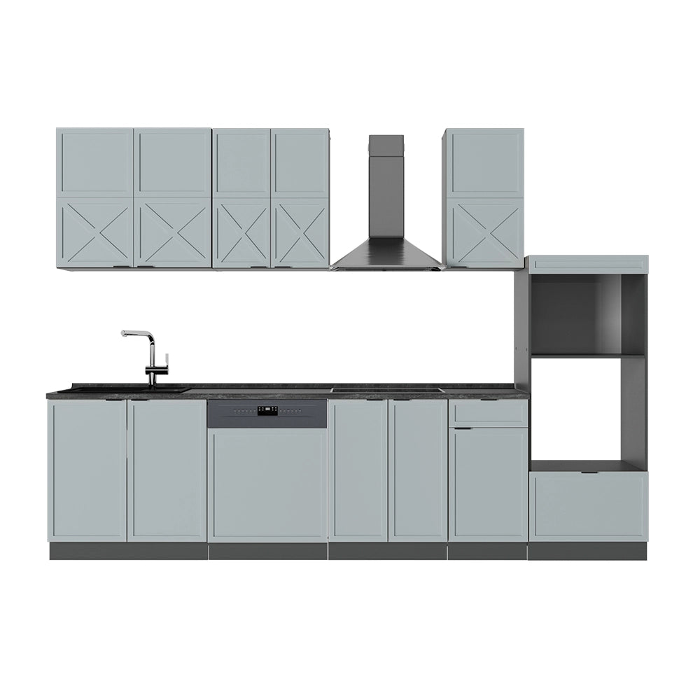 Cucina componibile Fame-Line Blu-grigio chiaro/Antracite 300 cm con armadio alto, PL Antracite Vicco