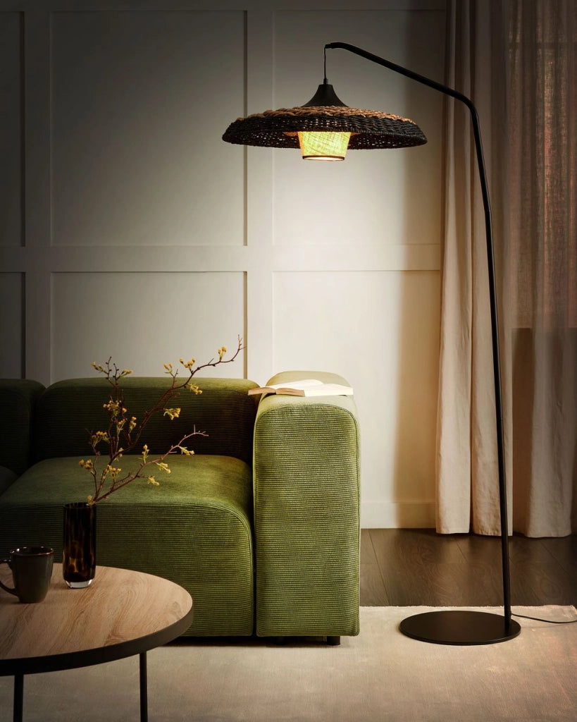 Lampada da terra in corda di carta nera realizzata a mano stile boho soggiorno camera da letto
